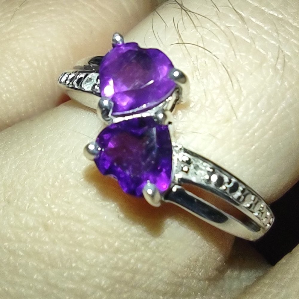 Sterling Silver Diamond Accent Amethyst Hearts Ring